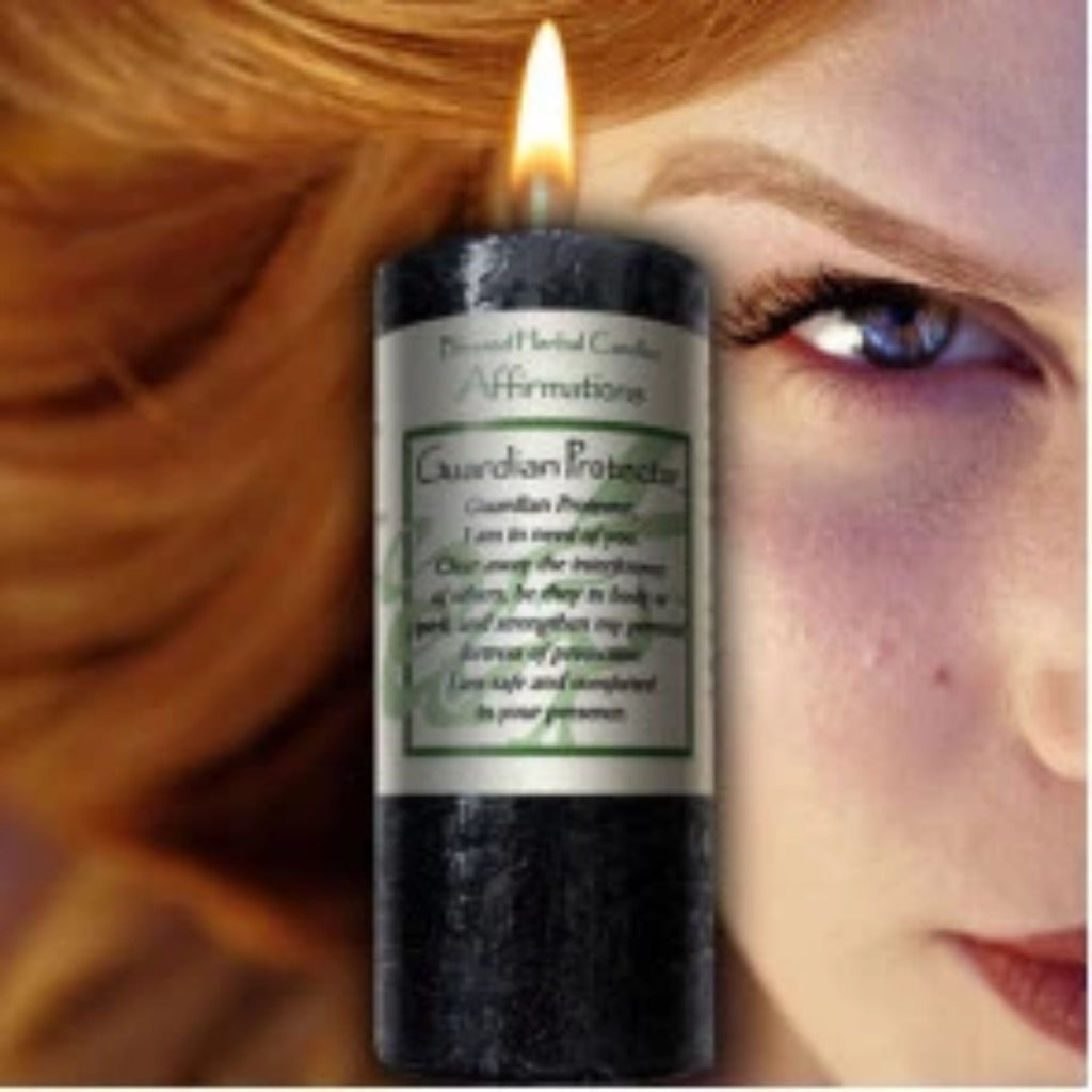 Guardian Protector Affirmation Candle is a shadow Black candle with a Green Spicy Scent 2”x4” pillar with a 40 hour burn time.