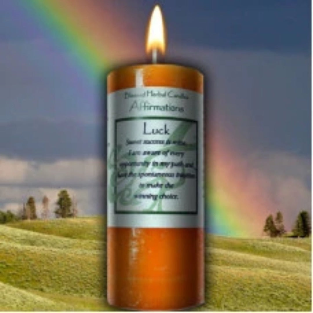 Luck Affirmation Candle is a brilliant orange candle charged with Spicy Sandalwood. 2”x4” pillar with a 40 hour burn time.